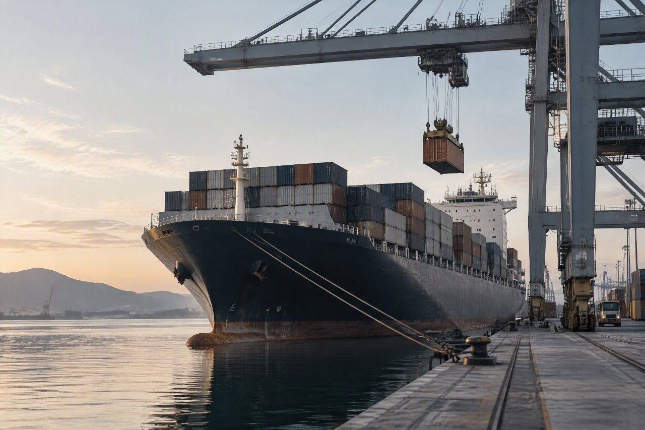 Containerschiff am Kai unter einer Containerbrücke