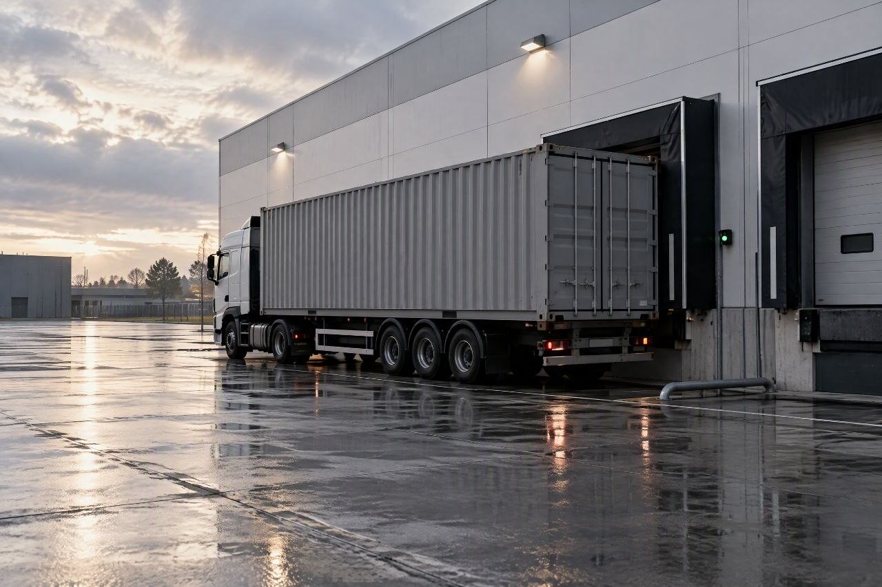 Lkw mit Container an der Rampe einer Lagerhalle