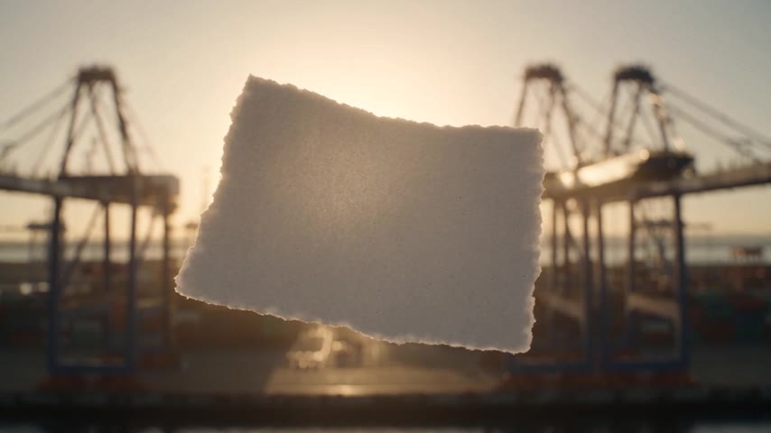 Ein Blatt Papier schwebt vor Containerbrücken im Gegenlicht